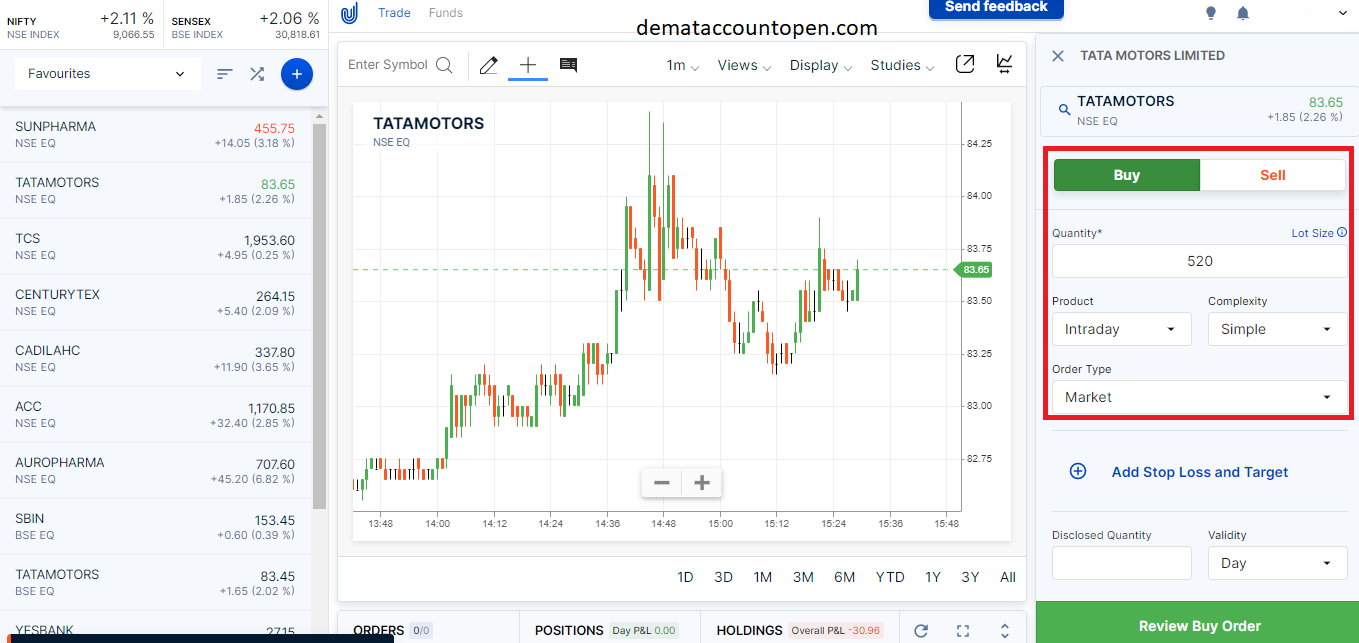 How to Buy & Sell shares in Upstox - Market Order