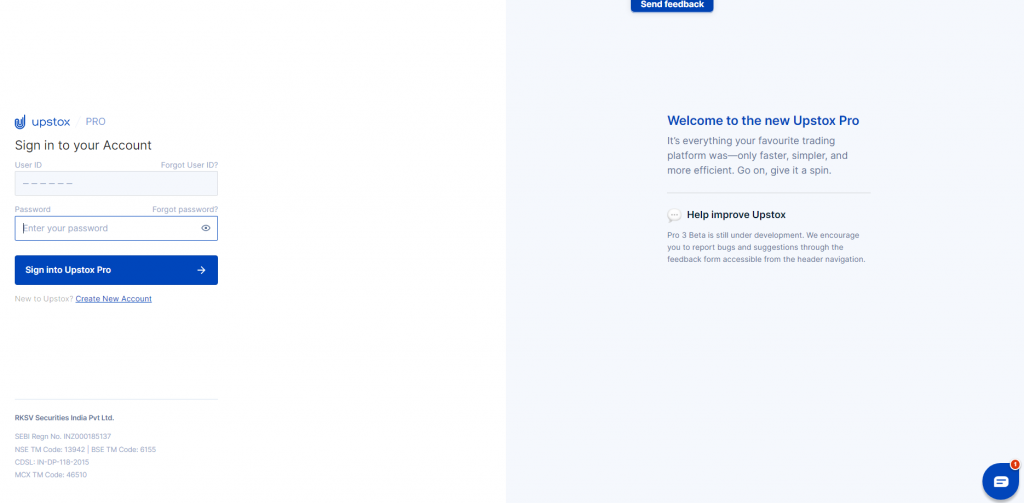 Upstox pro 3 login page